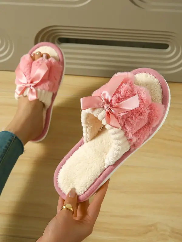 Women's Cute Bowknot Design Plush Slippers, Casual Soft Comfortable Home Slippers, Warm House Slippers for Indoor & Outdoor U...