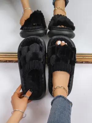 Women's Solid Color Fluffy Plush Slippers, Casual Soft Comfortable Home Slippers, Warm Slippers for Indoor & Outdoor Use for ...