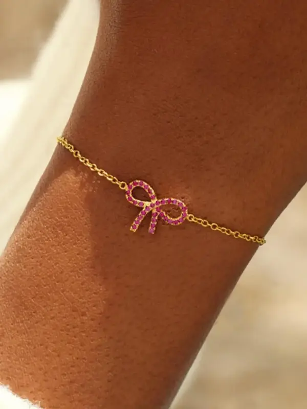 925 Sterling Silver Pink Zircon Bow Decor Bracelet, Fashionable Jewelry for Women & Girls, Trendy All-match & Exquisite Jewel...