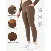 Women's V-Shaped Cross Waist High Waist Pocket Yoga Pants, Casual Solid Color Spandex Nylon Knitted Fabric, Soft And High Ela...