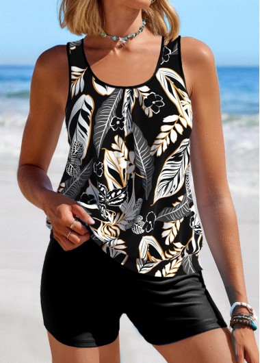Modlily Patchwork Leaf Print Black Tankini Set - M
