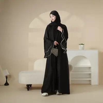 Elegant Satin Crepe Ruffle Sleeve Abaya Set - 5-Piece Modest Dress with Belt, Hijab, Inner Dress & Triangle Skirt | Luxurious...