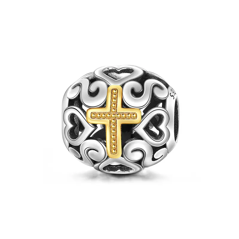 Cross Charm for Bracelets 925 Sterling Silver Openwork Gold Cross Bead for Pendant Necklace Christian Jewelry Religious Gifts...