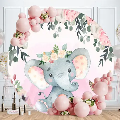 Aperturee Floral And Pink Elephant Circle Baby Shower Backdrop