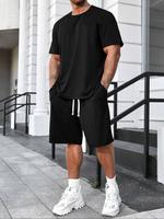 Two-Piece Set Men's Solid Round Neck Tee & Drawstring Waist Shorts Set, Regular Fit Crew Neck Short Sleeve T-Shirt & Track Sh...