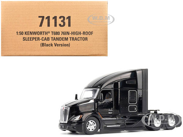 Kenworth T680 76 High Roof Sleeper Cab Truck Tractor Black Transport Series 1/50 Diecast Model by Diecast Masters