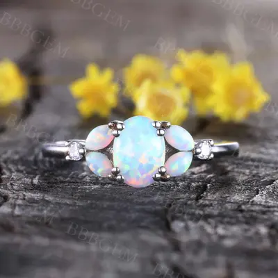 Cluster White Opal Engagement RIng Marquise ART DECO STYLE