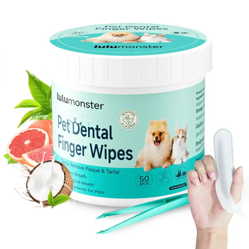 Dog & Cat Teeth Cleaning Wipes Tooth Brushing Kit by Remove Plaque and Tartar & Freshens Breath Buildup No-Rinse Dog Finger T...
