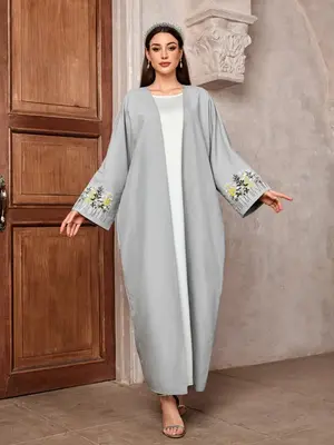Women's Floral Embroidery Long Sleeve Open Front Abaya, Modest Elegant Maxi Abaya Modesty Dress for Party Holiday Vacation, L...