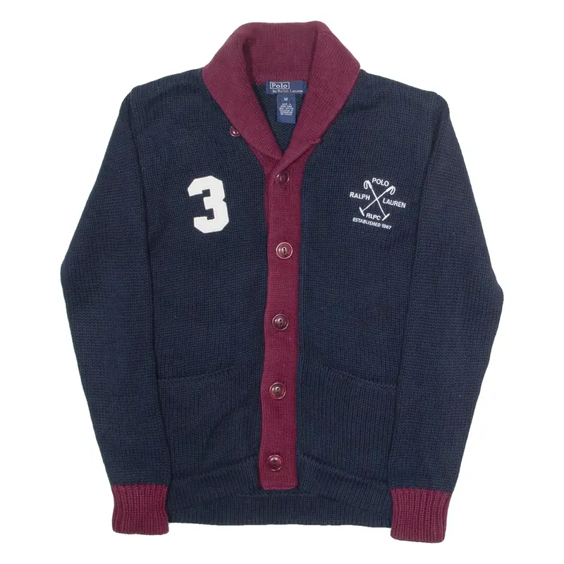 POLO RALPH LAUREN Boys Cardigan Blue Roll Neck Chunky Knit M