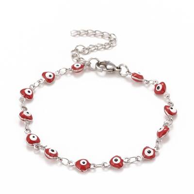 Enamel Heart with Evil Eye Link Chains Bracelet