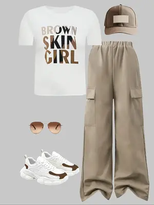 Toddler Girl's Letter Print Short Sleeve Tee & Cargo Pants Two-Piece Set, Casual Round Neck T-shirt & Pocket Trousers for Sum...