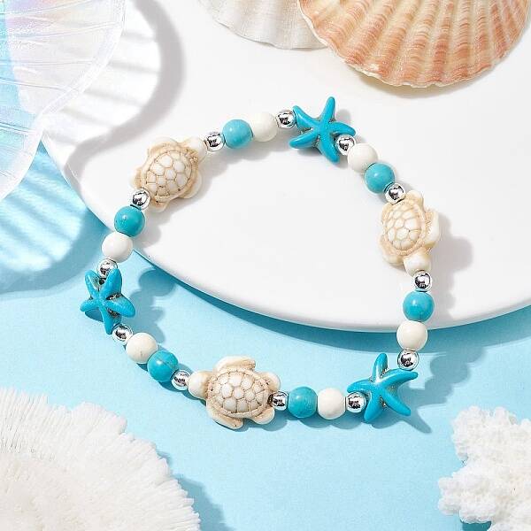 Turtle & Starfish Synthetic Turquoise Beaded Stretch Bracelet