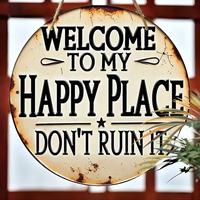 Welcome To My Happy Place Round Wooden Home Sign, Farmhouse Durable Decorative Sign, Easy To Hanging Decoration for Bedrooms,...