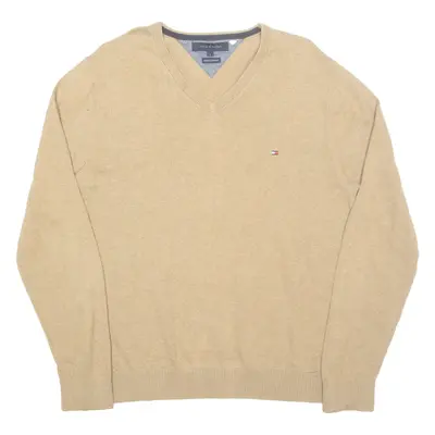 TOMMY HILFIGER Mens Jumper Beige V-Neck Tight Knit Cashmere L