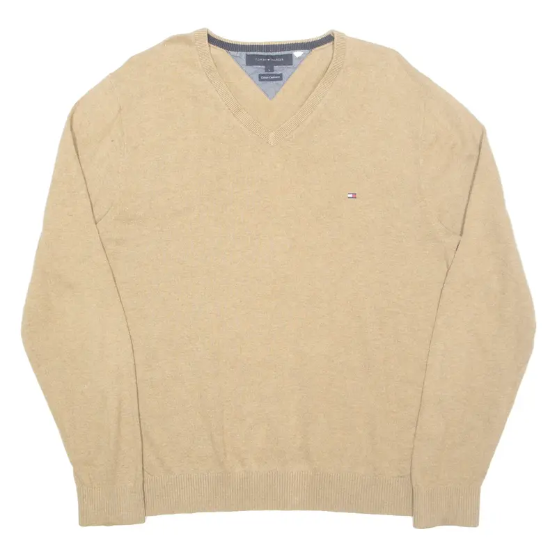 TOMMY HILFIGER Mens Jumper Beige V-Neck Tight Knit Cashmere L