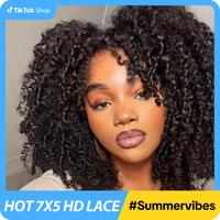 CurlyMe Wear Go Glueless Afro Kinky Curly Human Hair Wig Pre-Bleached Pre-cut HD Lace Front Wig - Natural Black #Summervibes
