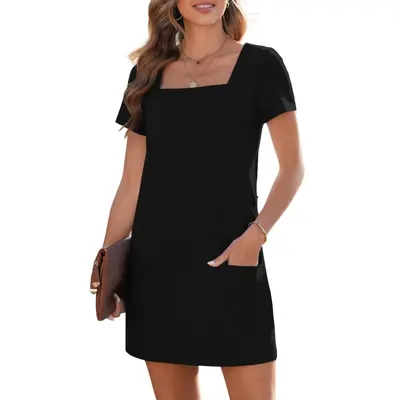 EVALESS Womens Solid Color Casual Align Dress Summer Outfits Square Neck Shortsleeve Comfort Basic Mini Dresses with Pockets ...
