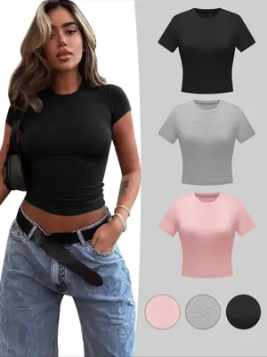 Women's Plain Round Neck Tee, Casual Short Sleeve Crew Neck T-Shirt for Summer, Summer Outfits 2024, Ladies Clothes for Dail...