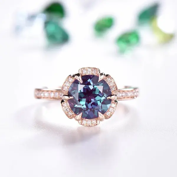 Vintage Alexandrite Engagement Ring Art Deco Flower Halo
