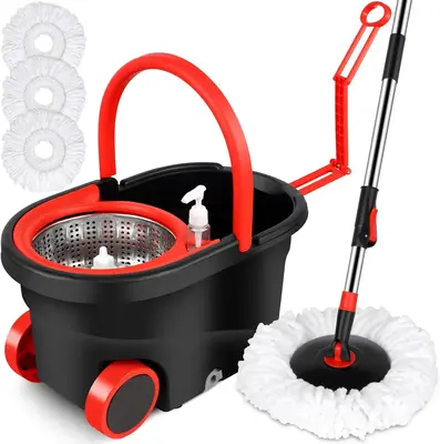 Large Spin Mop & Bucket Set with Wheels – 3 Microfiber Heads, Telescopic Stainless Steel Handle, Heavy-Duty Stainless Steel...