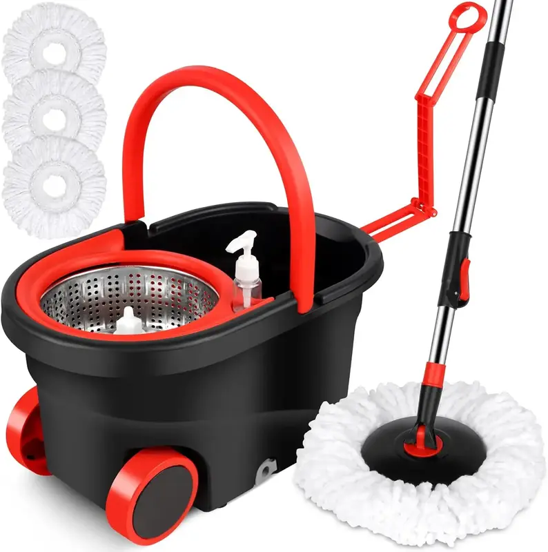 Large Spin Mop & Bucket Set with Wheels – 3 Microfiber Heads, Telescopic Stainless Steel Handle, Heavy-Duty Stainless Steel...