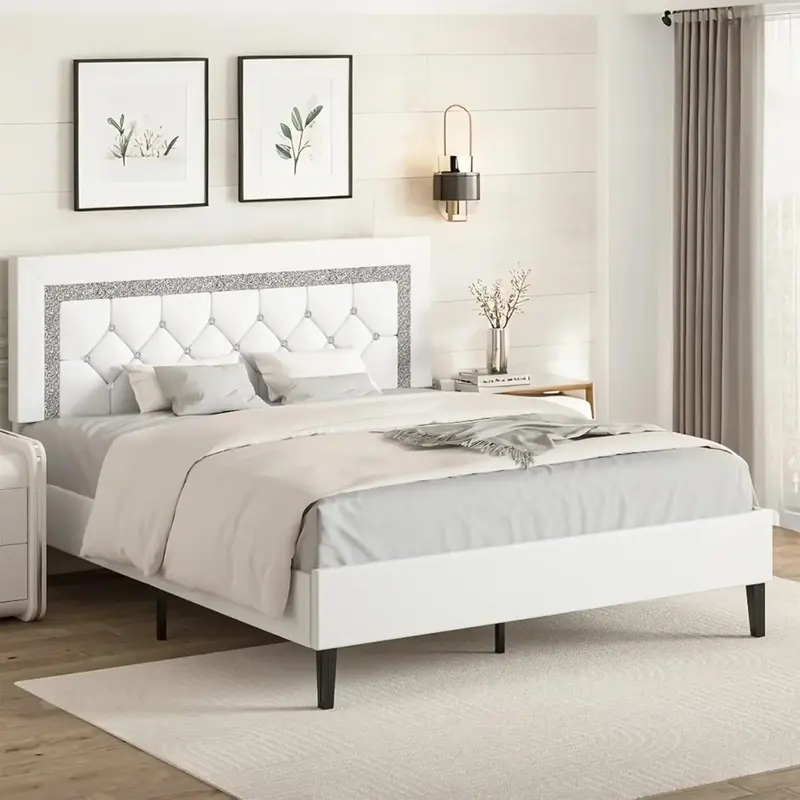 HOMBCK Diamond Bed Frame, No Mattress, with Tufted Button Headboard, Wood Slat Support, No Box Spring Needed, Easy Assembly