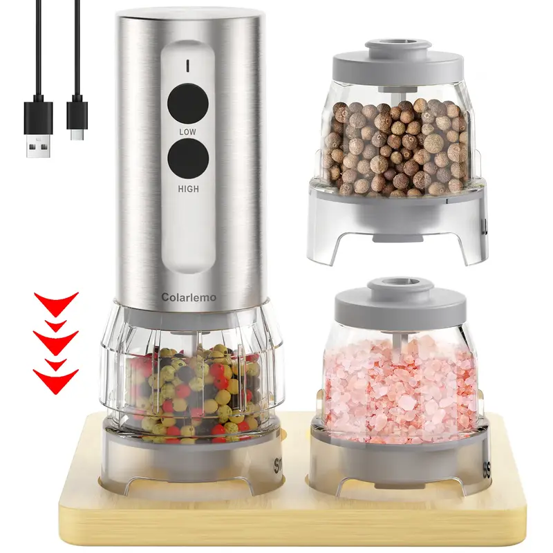 COLARLEMO electric Salt and Pepper Grinder Set - C-Type Rechargeable Automatic Grinder with 5 Adjustable Coarseness and LED L...