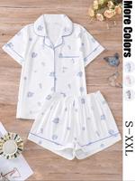 Two-piece Set Women's Floral Print Crop Top & Elastic Waist Shorts Pyjama, Casual Comfy Short Sleeve Top & Shorts Pj Set, Lad...