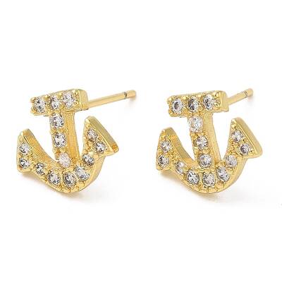 Rack Plating Brass Anchor Stud Earrings with Cubic Zirconia
