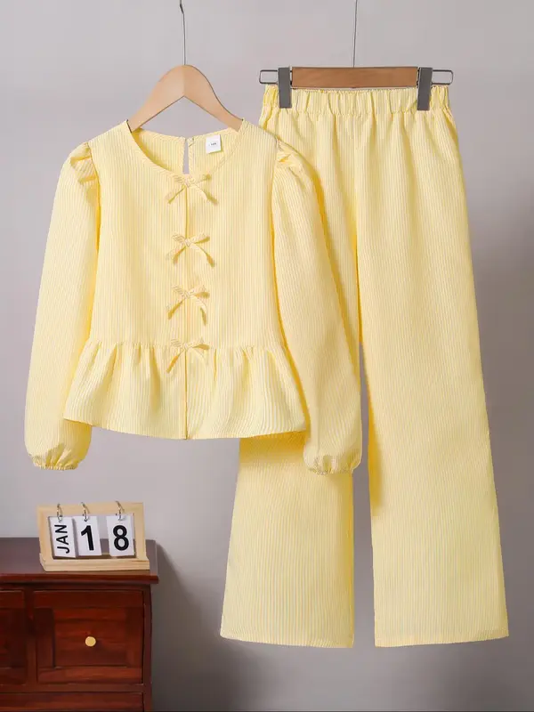Toddler Girl's Striped Print Lettuce Trim Top & Pants Two-Piece Set, Casual Long Sleeve Top & Trousers 2 Piece Set for Daily ...