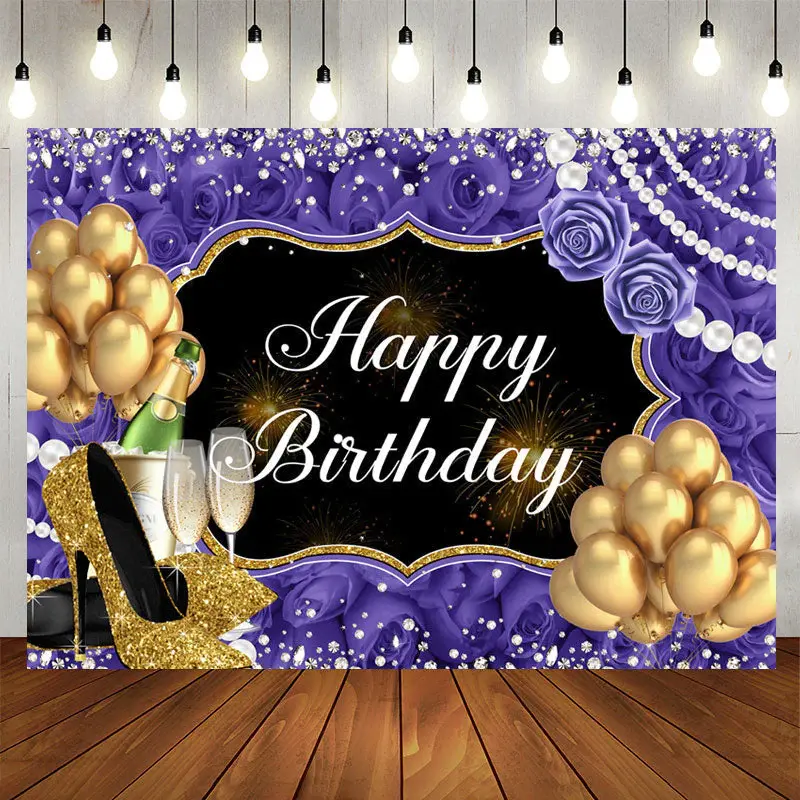 Aperturee Rose Glitter Balloon Pearl Birthday Backdrop