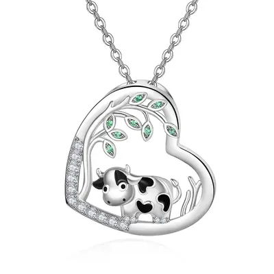 Sterling Silver Circular Shaped Cubic Zirconia Cow & Heart Pendant Necklace