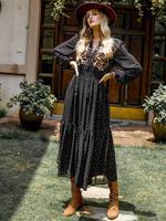 Women's Floral Embroidery Bishop Sleeve Ruffle A-line Dress, Vintage Girly Casual Wear Clothes, Boho Elegant Chiffon Long Dre...