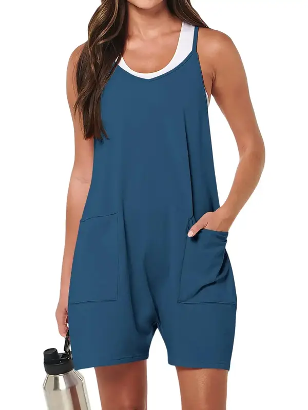 Women's Plain Pocket Adjustable Strap Cami Jumpsuit without Tank Top, Casual Sleeveless Jumpsuit for Summer, Ladies Clothes f...