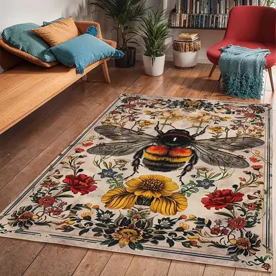 Bee & Flower Pattern Floor Mat, Non-slip Soft Floor Carpet, Decorative Area Rug for Home Living Room Bedroom, Home Decor, Flo...