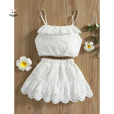 Kid Baby Girl´s Summer Clothes Set, Sleeveless Lace Ruffled Camisole + High Waist Skirt Sweet Clothing