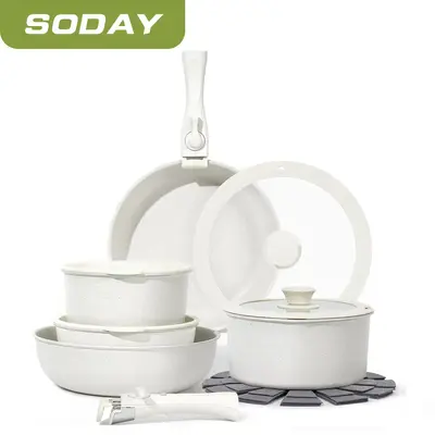 SODAY Pastel 15pcs Nonstick Cookware Set ,Detachable Handles, Stackable Design for RV and Small Spaces, Oven and Induction Sa...