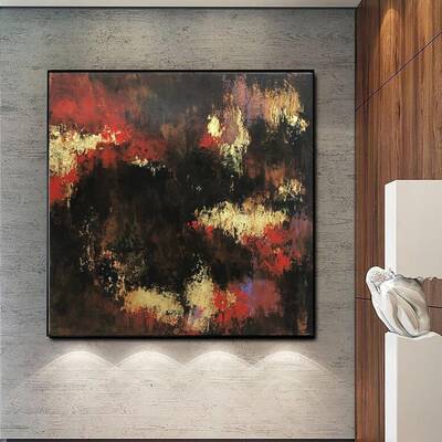 Abstract Painting on Canvas Dark Wall Art Red Artwork Gold Leaf Wall Art Customized Painting 32x32 Art Aesthetic Art for Gues...