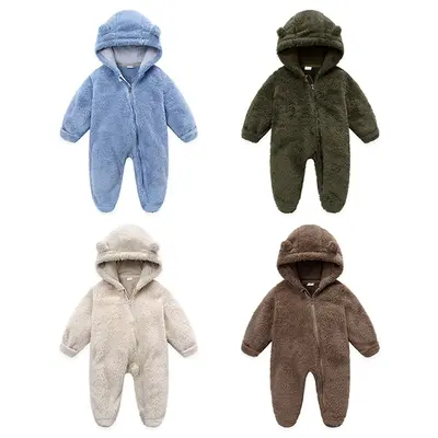 Newborn Baby Boys Girls Winter Jumpsuit Cute Bear Snowsuit Fleece Long Sleeve Footed Hooded Zipper Romper Winter Coat Outwear...