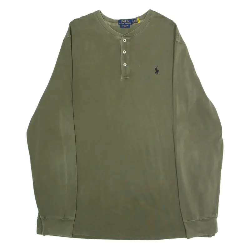 POLO RALPH LAUREN Mens T-Shirt Green Long Sleeve Button Neck XL