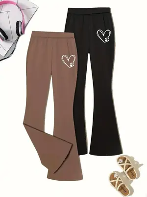 Girl's Heart Print Elastic Waist Flare Leg Pants, Casual Comfy Bell Bottom Trousers for Spring & Fall, Kids Bottoms for Daily...