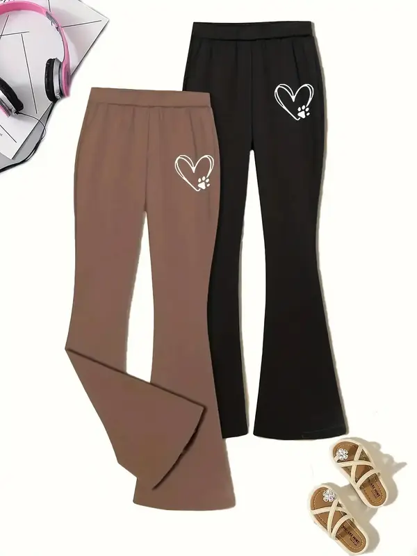 Girl's Heart Print Elastic Waist Flare Leg Pants, Casual Comfy Bell Bottom Trousers for Spring & Fall, Kids Bottoms for Daily...