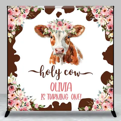 Custom Name Floral Holy Cow 1st Birthday Backdrop