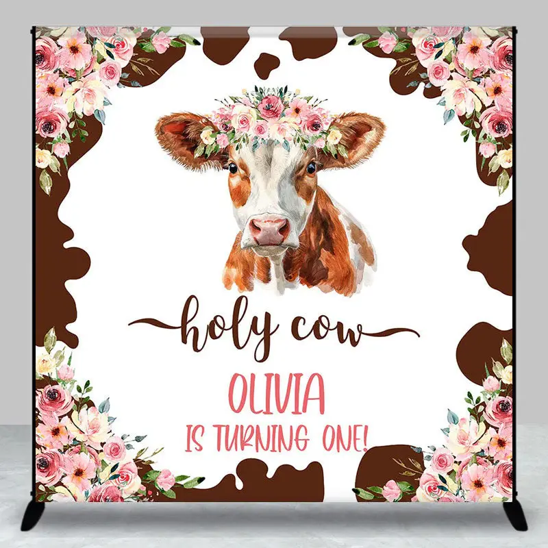 Custom Name Floral Holy Cow 1st Birthday Backdrop