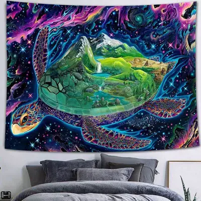 (Ship In 24HR) Turtle World Novelty Cartoon Trippy Mountain Wall Tapestry