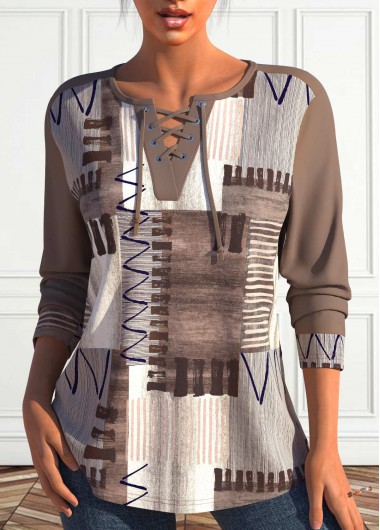 Modlily Light Coffee Lace Up Geometric Print Long Sleeve Sweatshirt - M