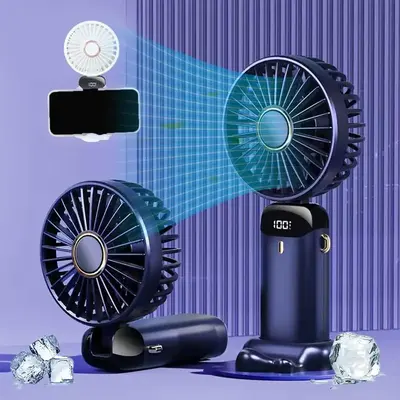 Summer New! Portable Handheld Fan with Digital Display - 5 Speeds, USB Rechargeable, Silent Desktop Fan with Foldable Base fo...
