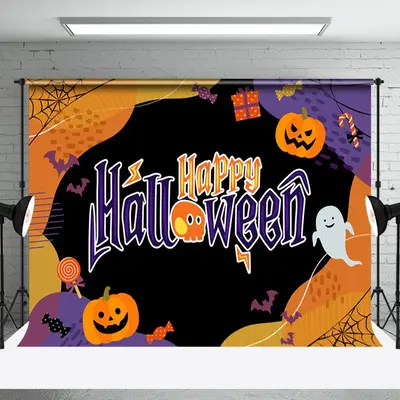 Aperturee Cute Candy Pumpkin Orange Black Halloween Backdrop - Aperturee