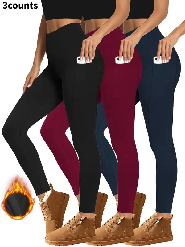 Women's Solid High Waist Pocket Thermal Lined Leggings, Casual Comfy Warm Skinny Pants for Yoga, Ladies Bottoms for Fall & Wi...